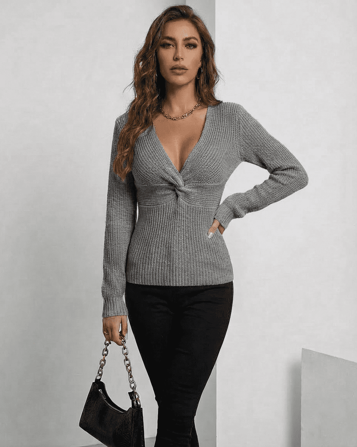Nerina Pullover by Slimona in elegant grey with deep V-neckline and ribbed slim fit, perfect for stylish layering.