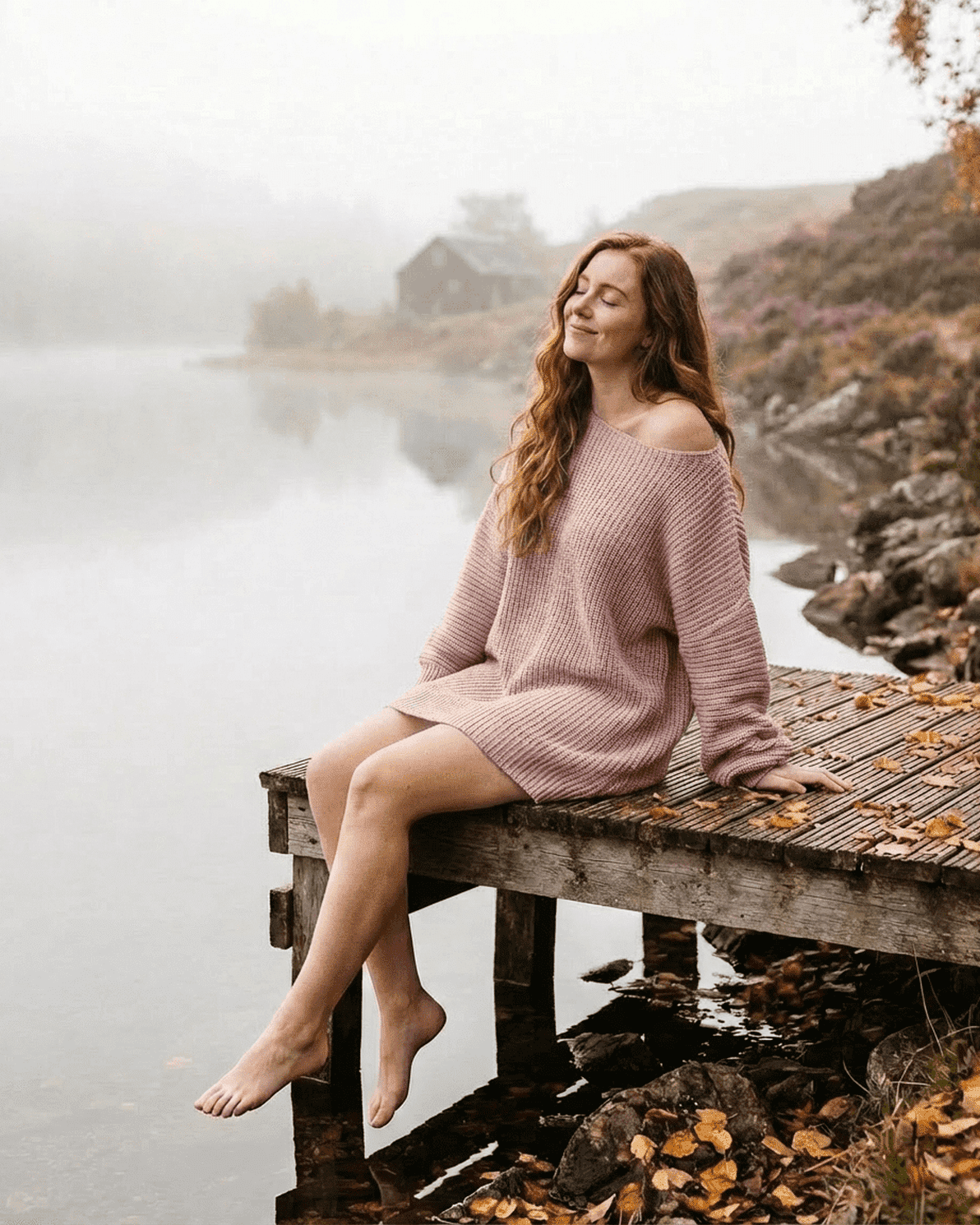 Nova Mini Dress by Slimona, showcasing a model in a soft pink ribbed knit off-the-shoulder design by a serene lake.