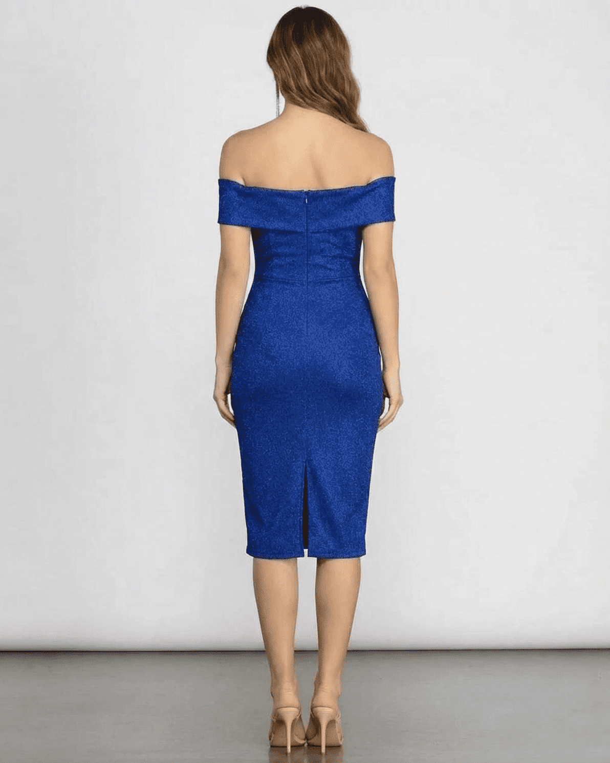 Sapphirea Midi Dress by Slimona - Off shoulder back view showcasing sleek silhouette in glitter blue.