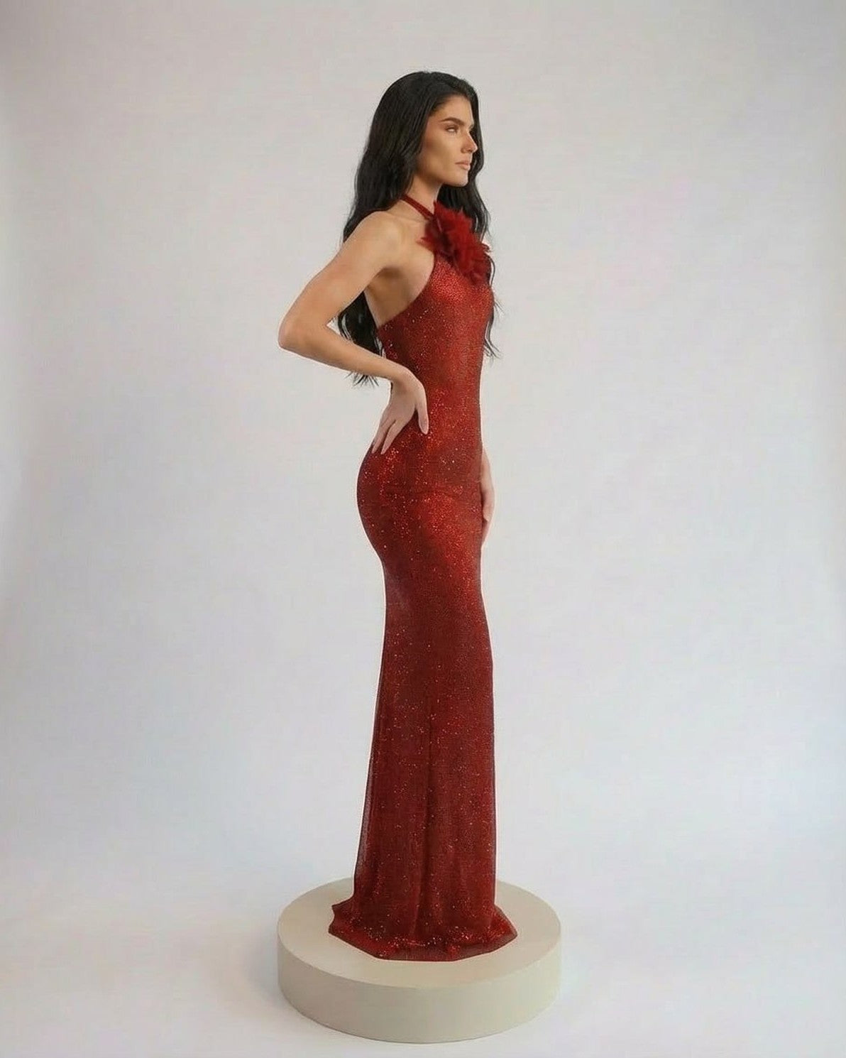 Scarlet Maxi Dress by Slimona, showcasing a sleek halter neck and elegant floral detail in a rich red tone.