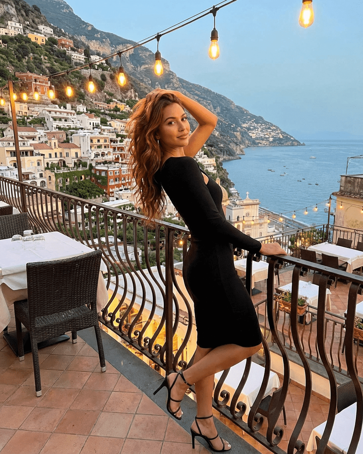 Vega Midi Dress by Slimona, stylish one-shoulder bodycon dress with scenic Amalfi Coast backdrop.
