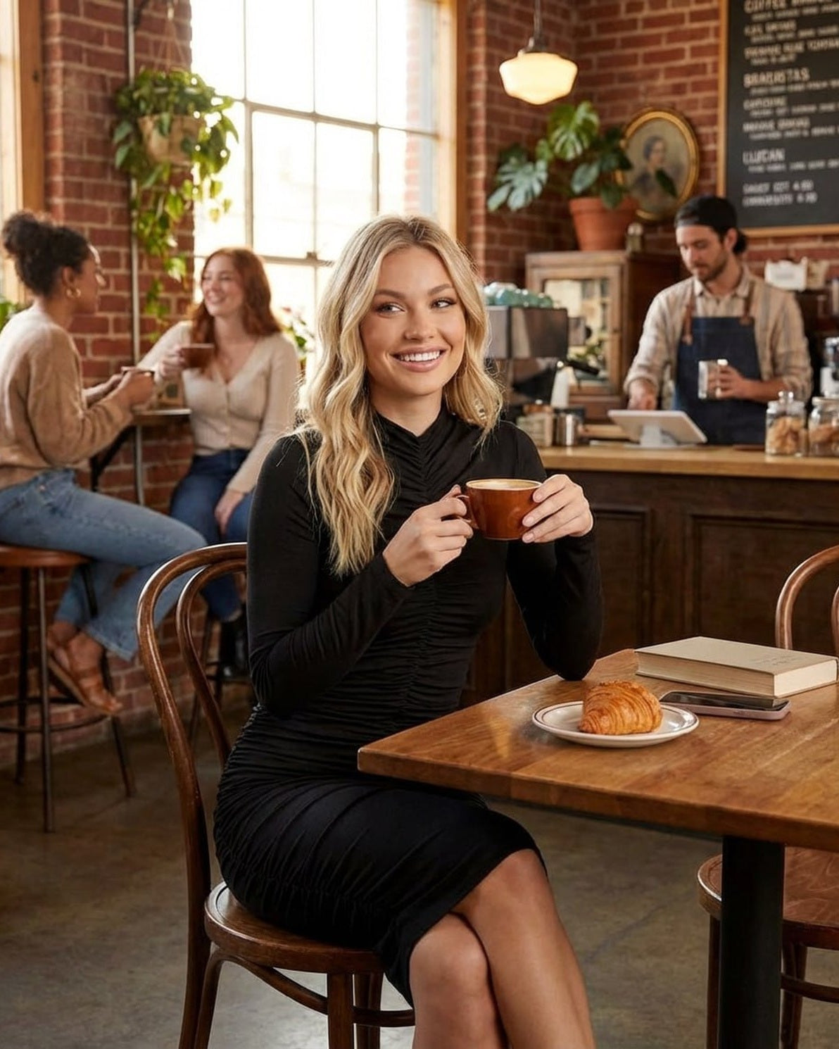 Woman enjoying coffee in a cafe wearing a Slimona Velouré Midi Dress with long sleeves and ruched design.