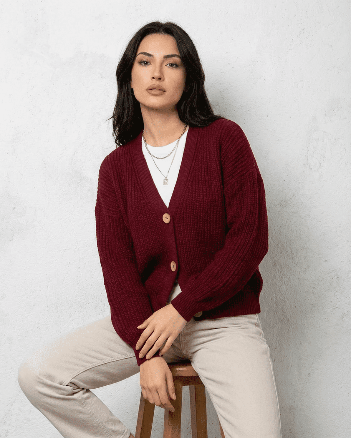Vesper Cardigan by Slimona – Elegant burgundy knitwear with classic V-neck design, perfect for stylish layering.