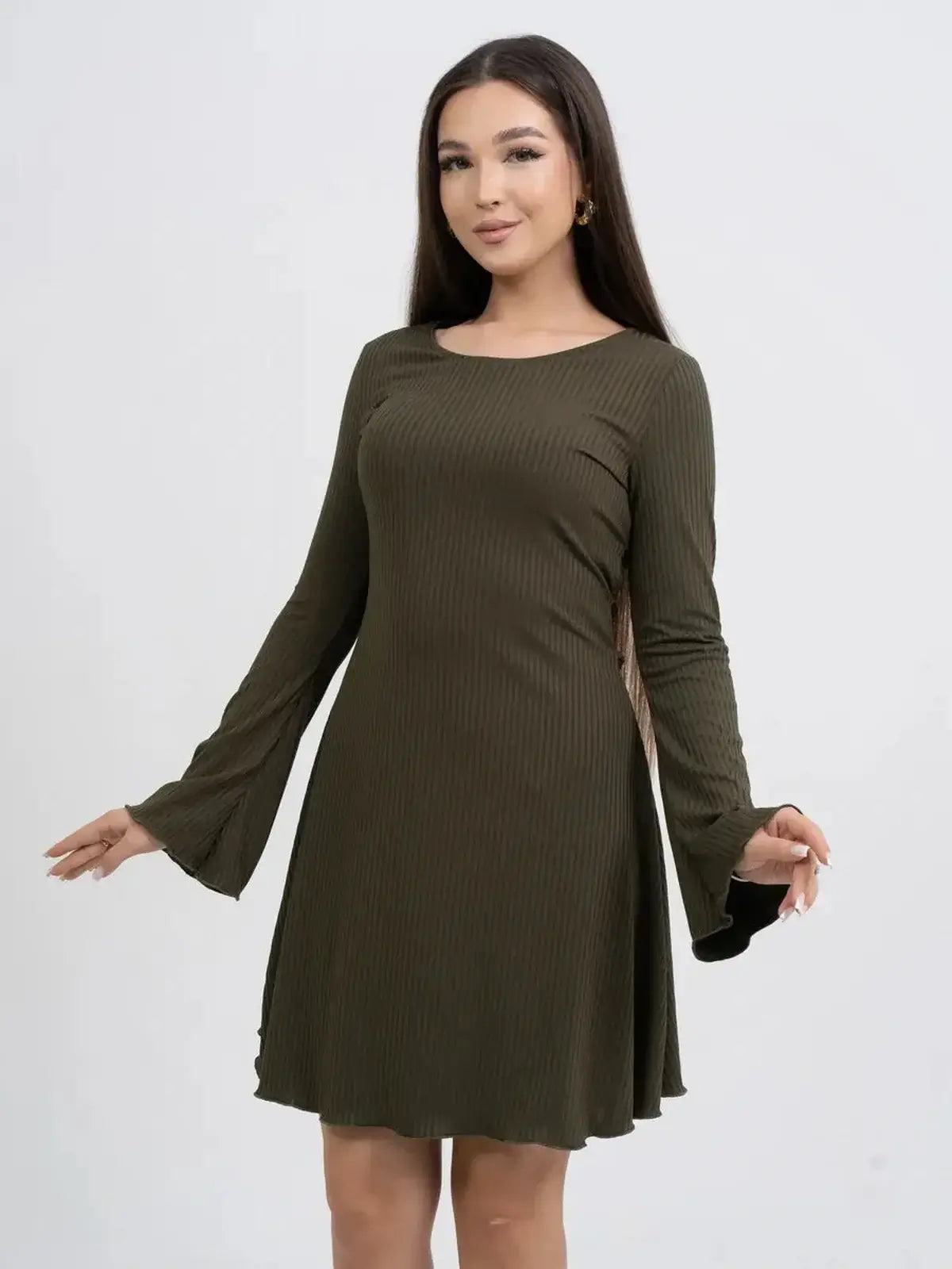 Olive Muse long sleeve mini dress in ribbed stretch-knit fabric, perfect for summer and evening occasions.