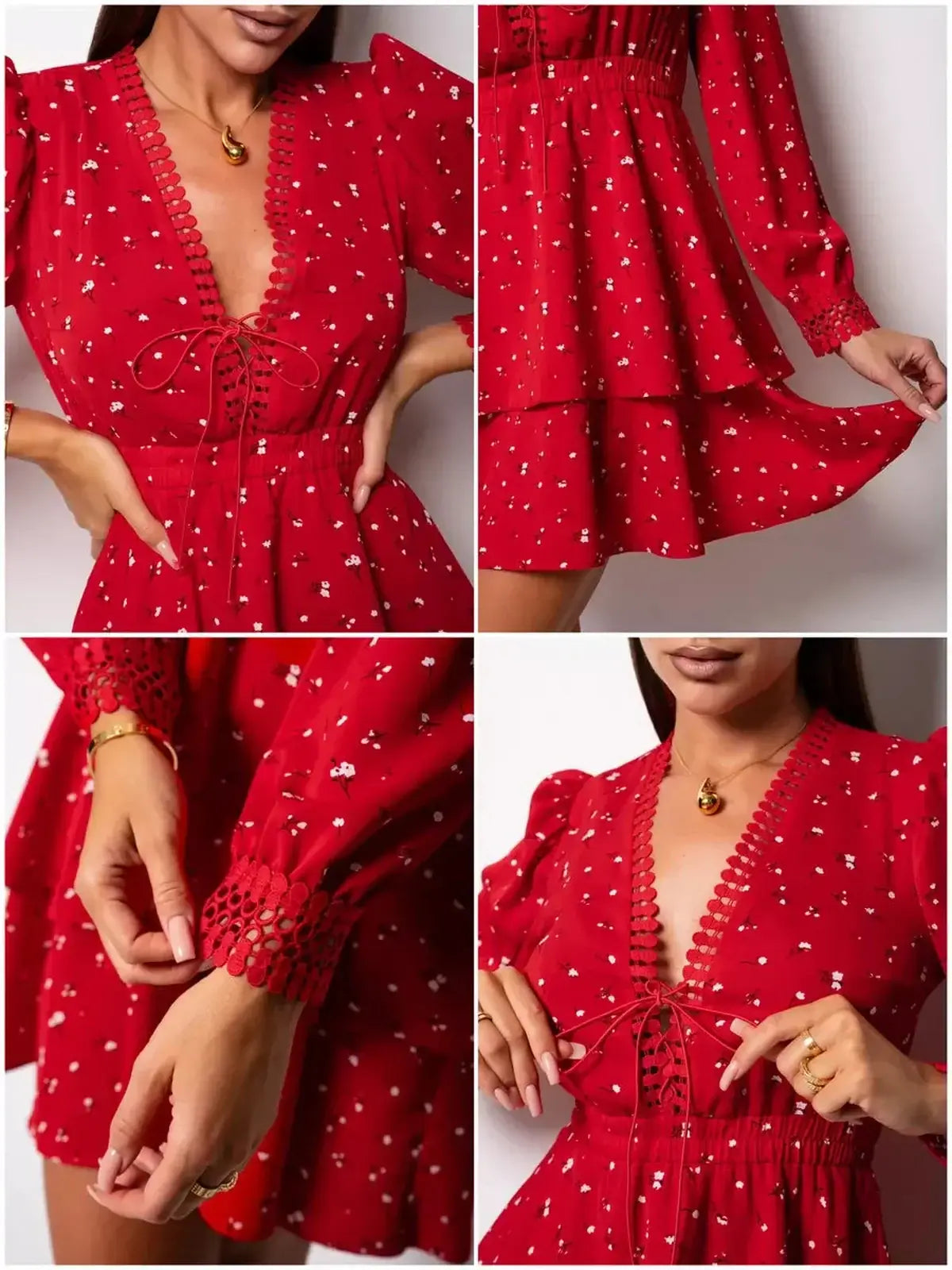 Close-up of Scarlet Bloom red mini dress with floral pattern, deep V-neck, corset tie, and puff sleeves.