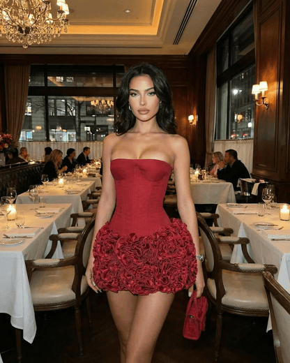 Siena Mini Dress by Slimona - Strapless corset style with textured red mini skirt in a chic restaurant setting.