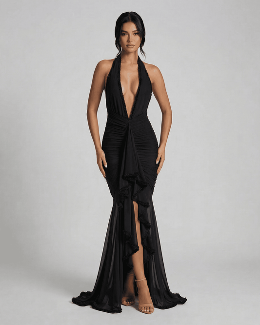 Noir Maxi Dress by Slimona - Elegant black ruched slip dress with lace trim and plunging neckline.