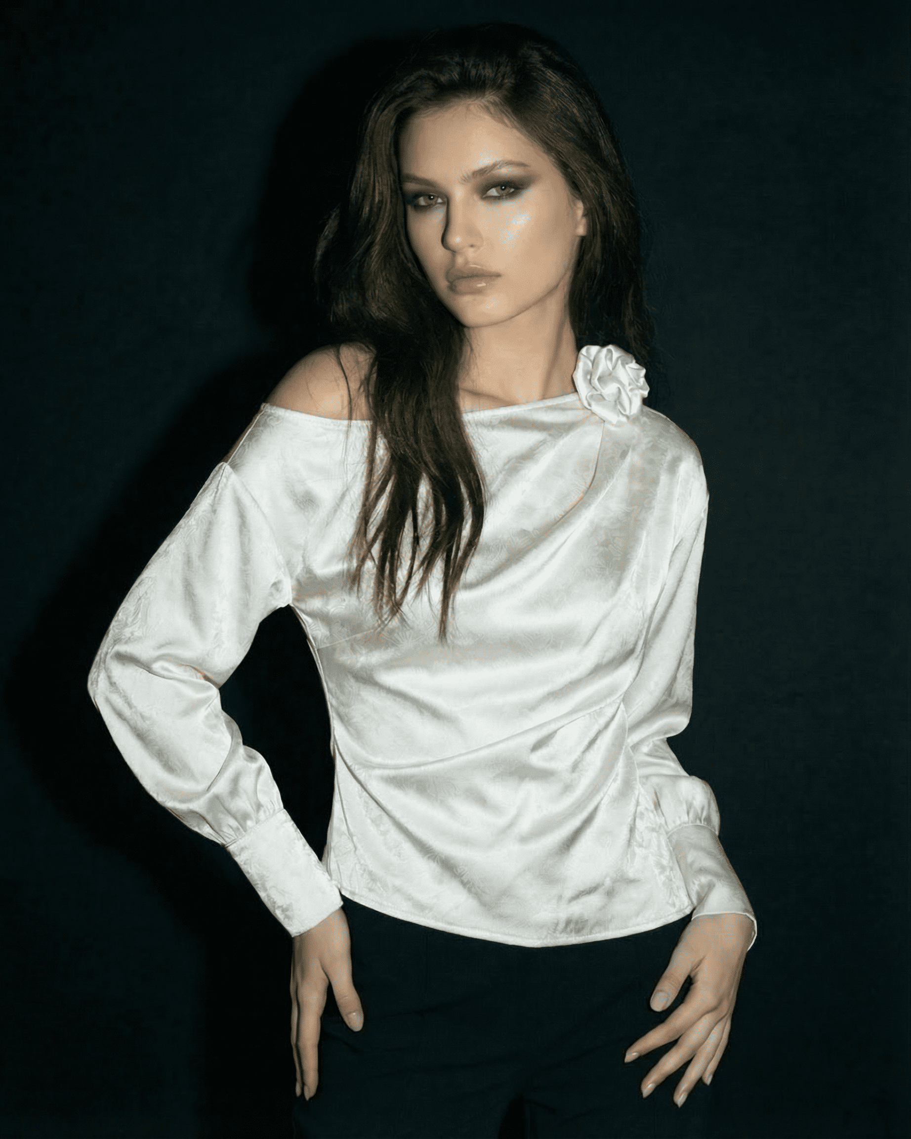 Elysia Blouse by Slimona - Asymmetrical neck long sleeve satin blouse with sculpted shoulder detail.