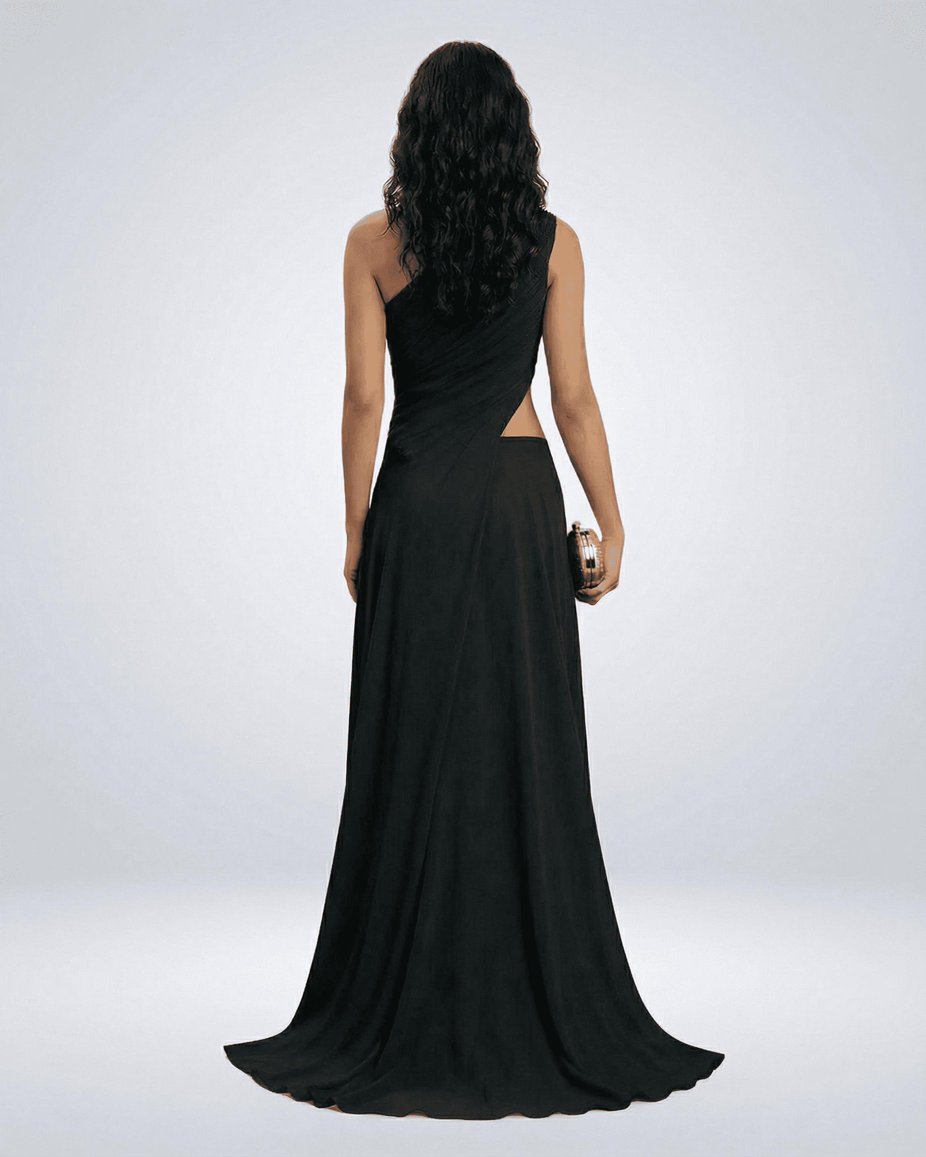 Nocturne Maxi Dress back view featuring one-shoulder design and side slit, by Slimona.