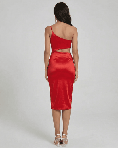 Back view of the Scarlett Midi Dress by Slimona, featuring a one-shoulder design and sculpted cutout.