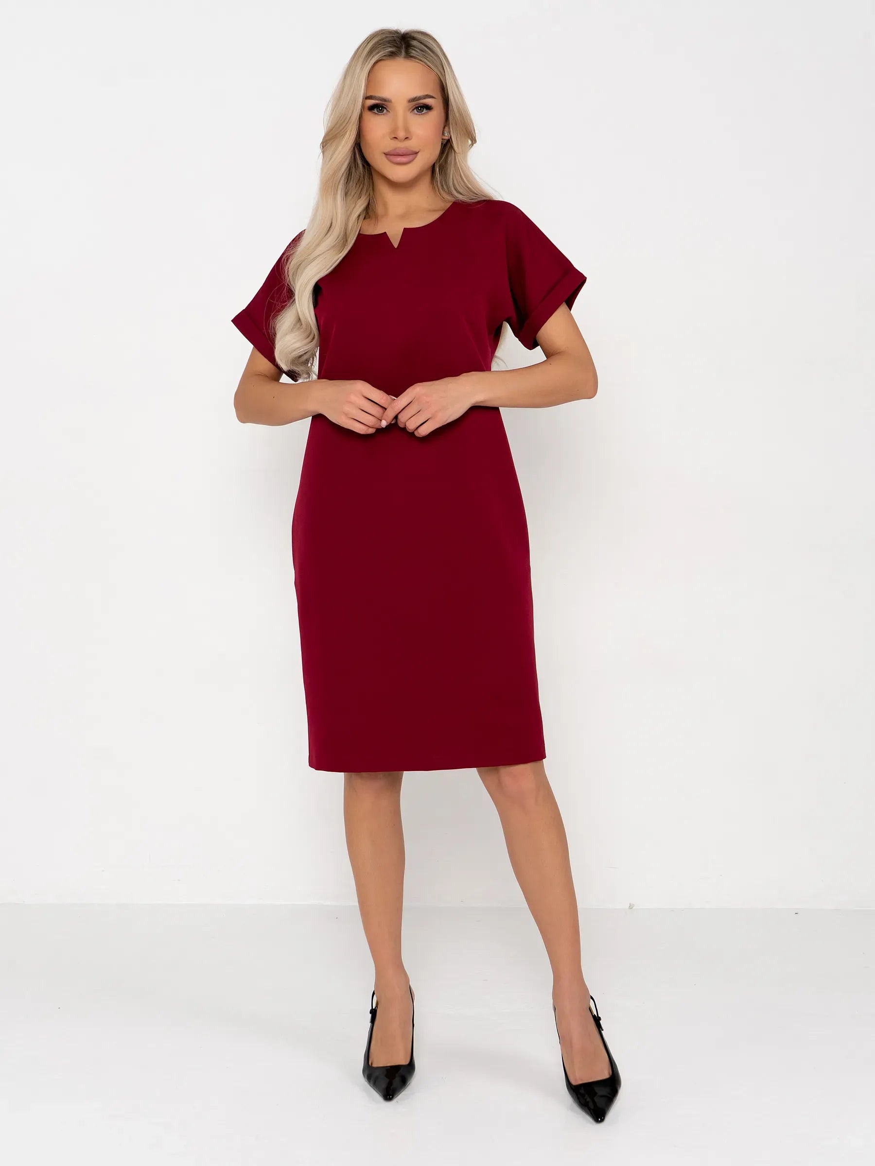 Crimson Code mini dress in wine-red with short sleeves, notched neckline, and flattering sheath silhouette for women.
