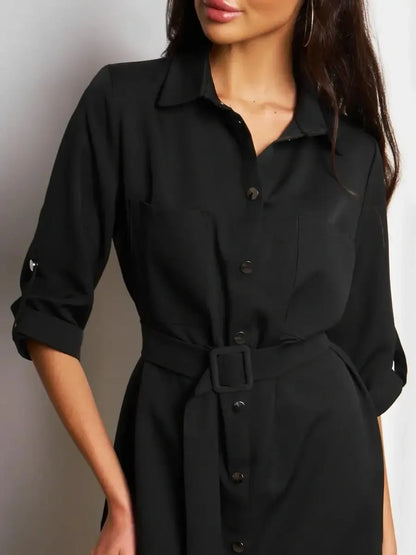 Close-up of Urban Edit Mini black dress with structured shirt-dress silhouette and detachable belt, showcasing effortless elegance.