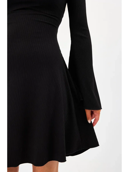 Flare Charm Mini Dress featuring fluted sleeves and ribbed texture, showcasing a stylish and elegant black design.