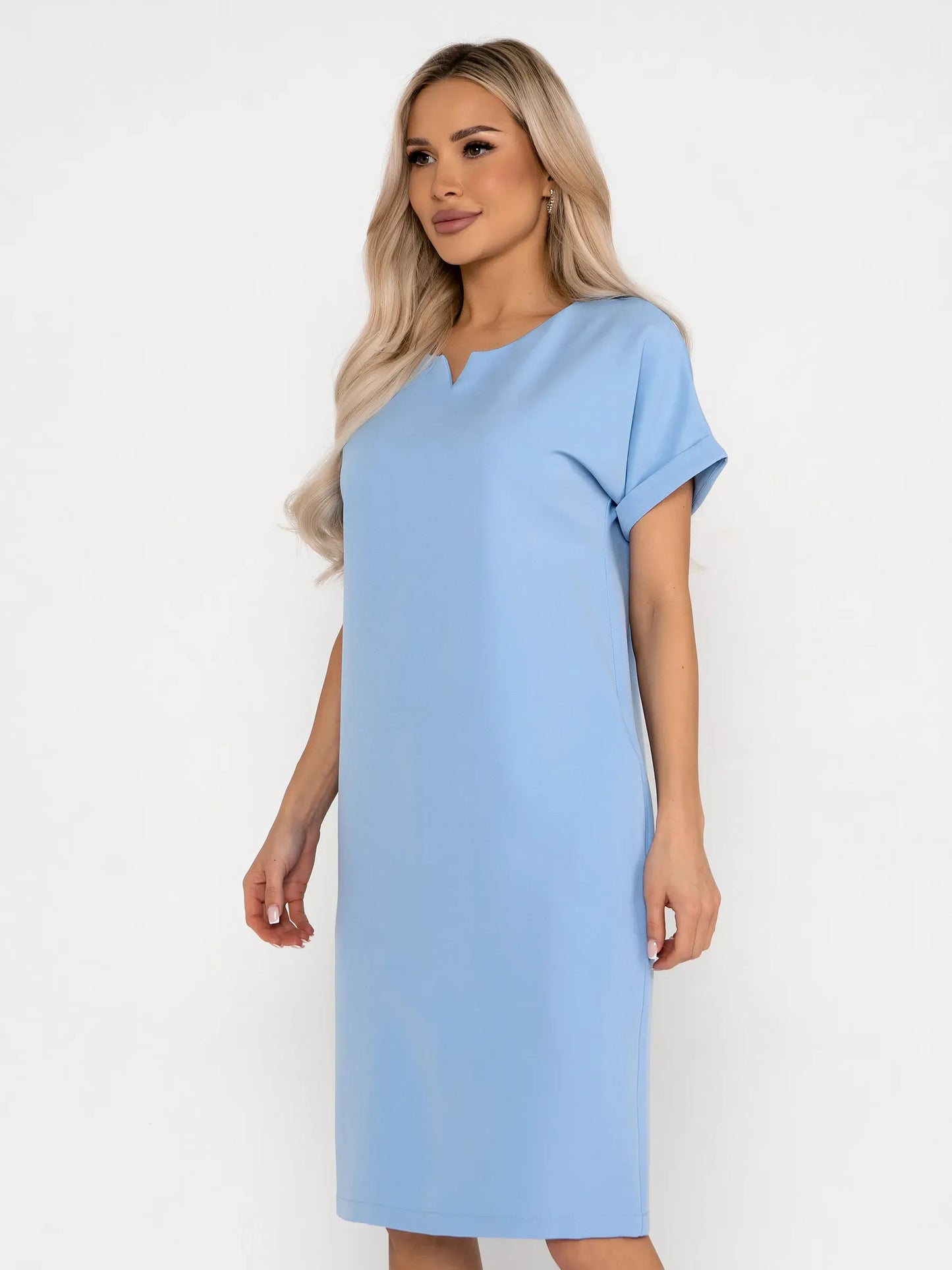 Light blue mini dress with rolled short sleeves and a V-notch neckline, perfect for summer and formal occasions.