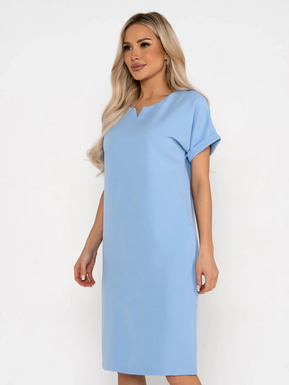Light blue mini dress with rolled short sleeves and a V-notch neckline, perfect for summer and formal occasions.