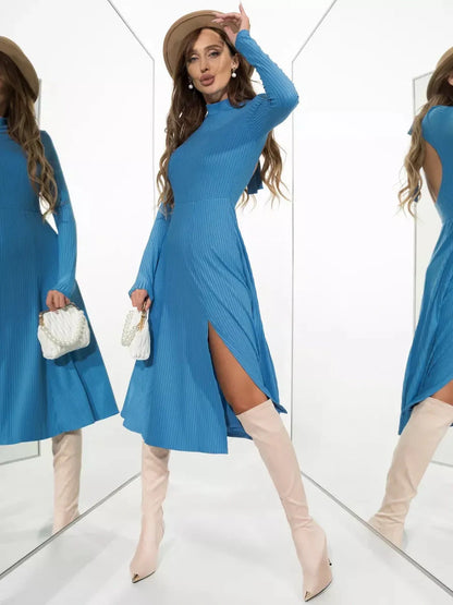 Savanna Luxe Midi Dress in blue with side slit, perfect for summer soirées and formal occasions.