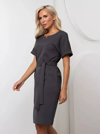 Sophisticated graphite mini dress with a waist belt, perfect for weddings and formal occasions.