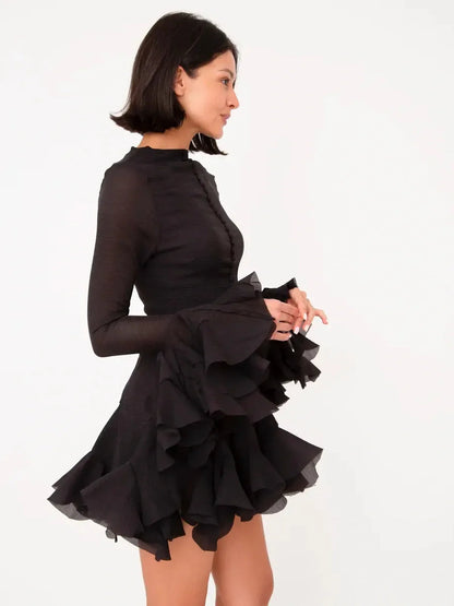 Black chiffon ruffle flare mini dress with bell sleeves, perfect for weddings and parties.