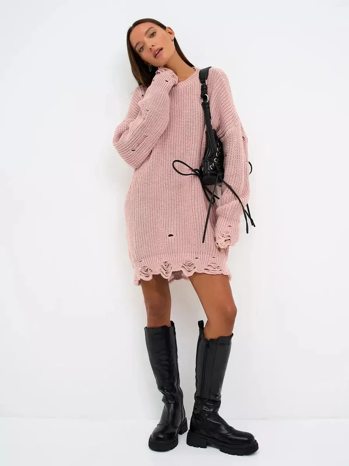 Blush Edge Mini dusty pink oversized sweater dress with distressed design and chunky knit texture.