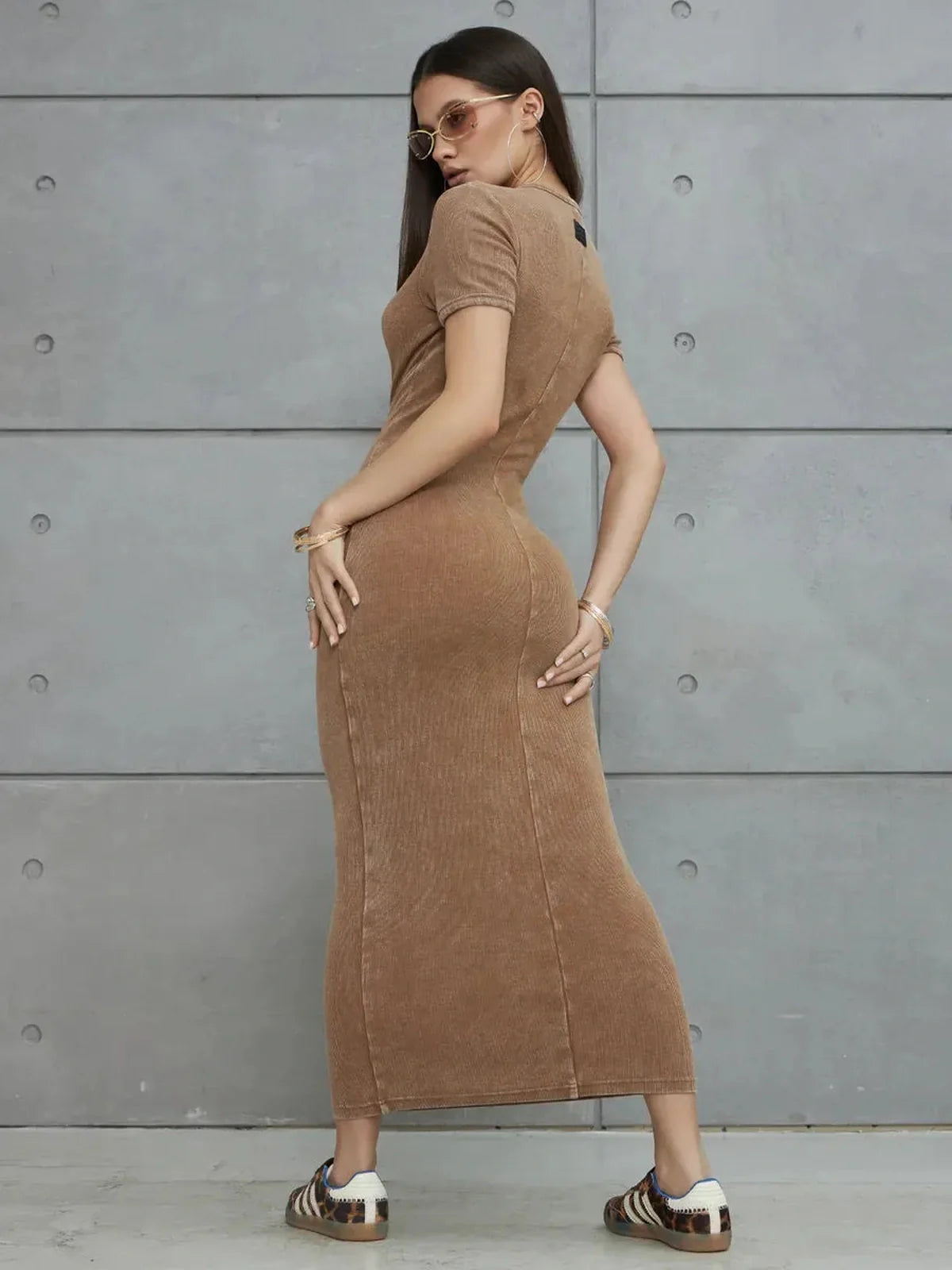 Sculpted Ease Maxi Dress in washed tobacco, showcasing a sculpted silhouette and effortless fit, ideal for modern women's wardrobes.