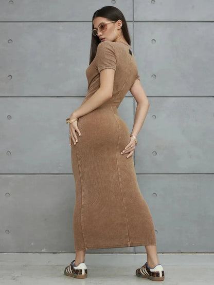 Sculpted Ease Maxi Dress in washed tobacco, showcasing a sculpted silhouette and effortless fit, ideal for modern women's wardrobes.