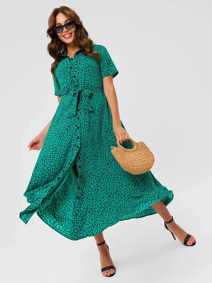 Vibrant green Jade Petal midi dress featuring a button front and self-tie belt, perfect for summer occasions.