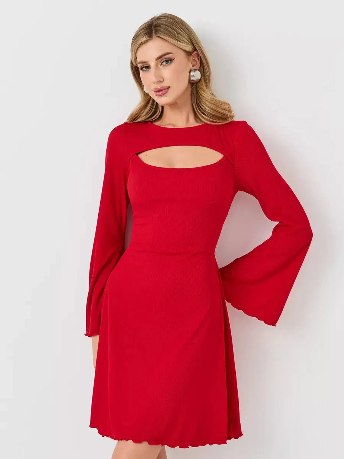 Sculpting red flare cutout mini dress for women, perfect for weddings, proms, and summer occasions.