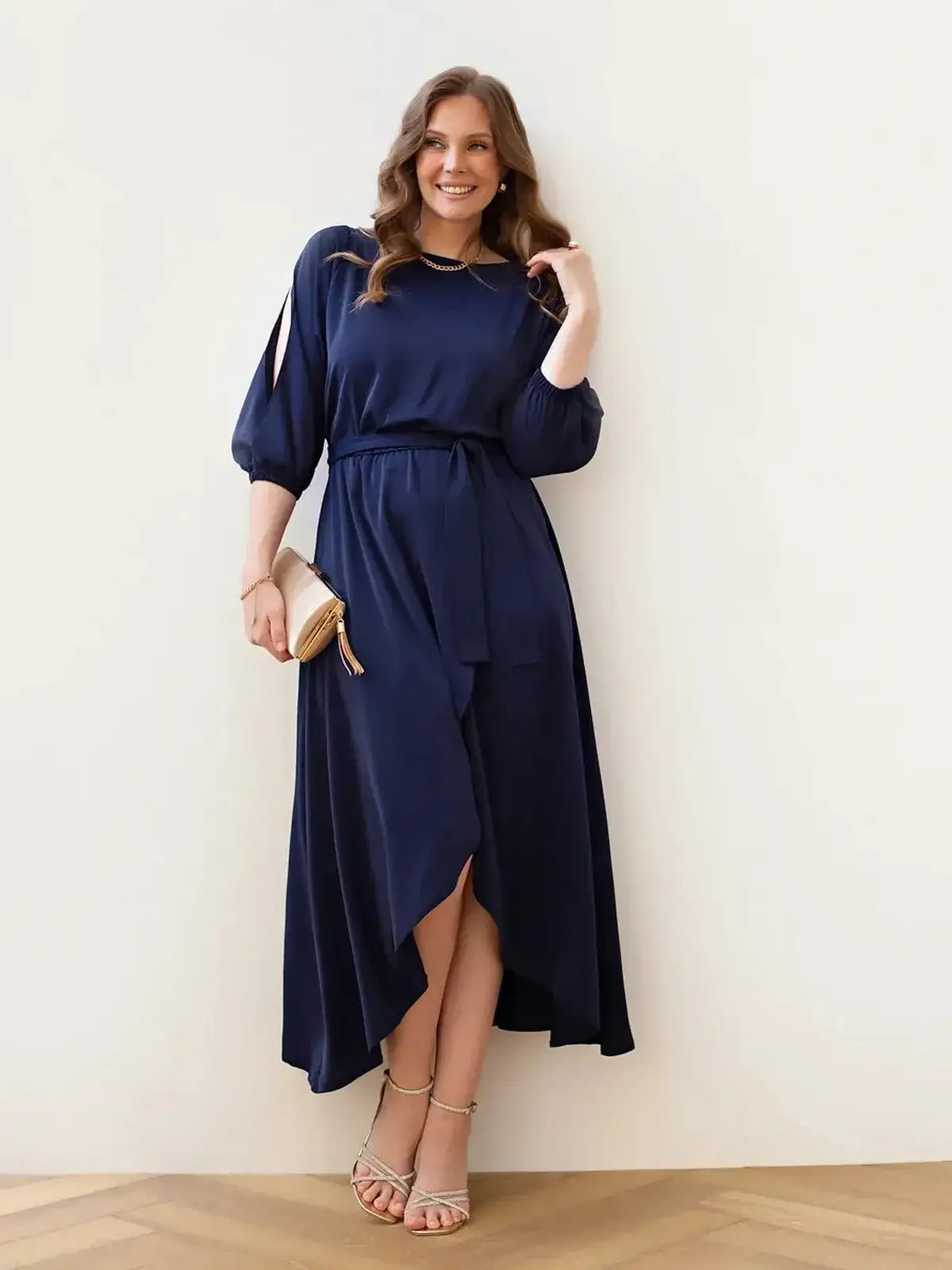 Elegant navy midi dress with cutouts, perfect for weddings, proms, and formal occasions. Women's fashion essential.