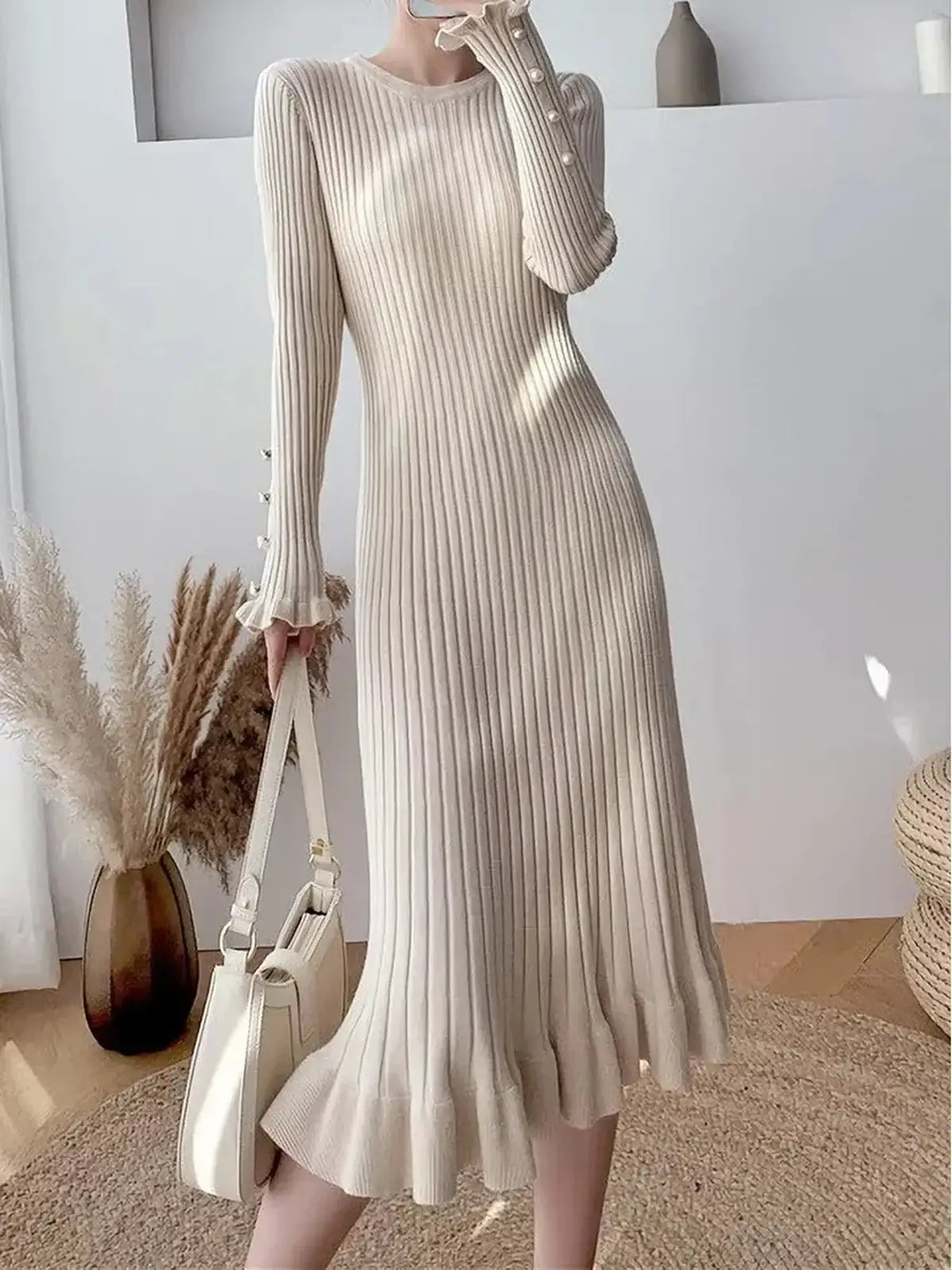 Elegant pearl flare midi dress with ribbed texture, perfect for wedding guest, formal events, and summer occasions.