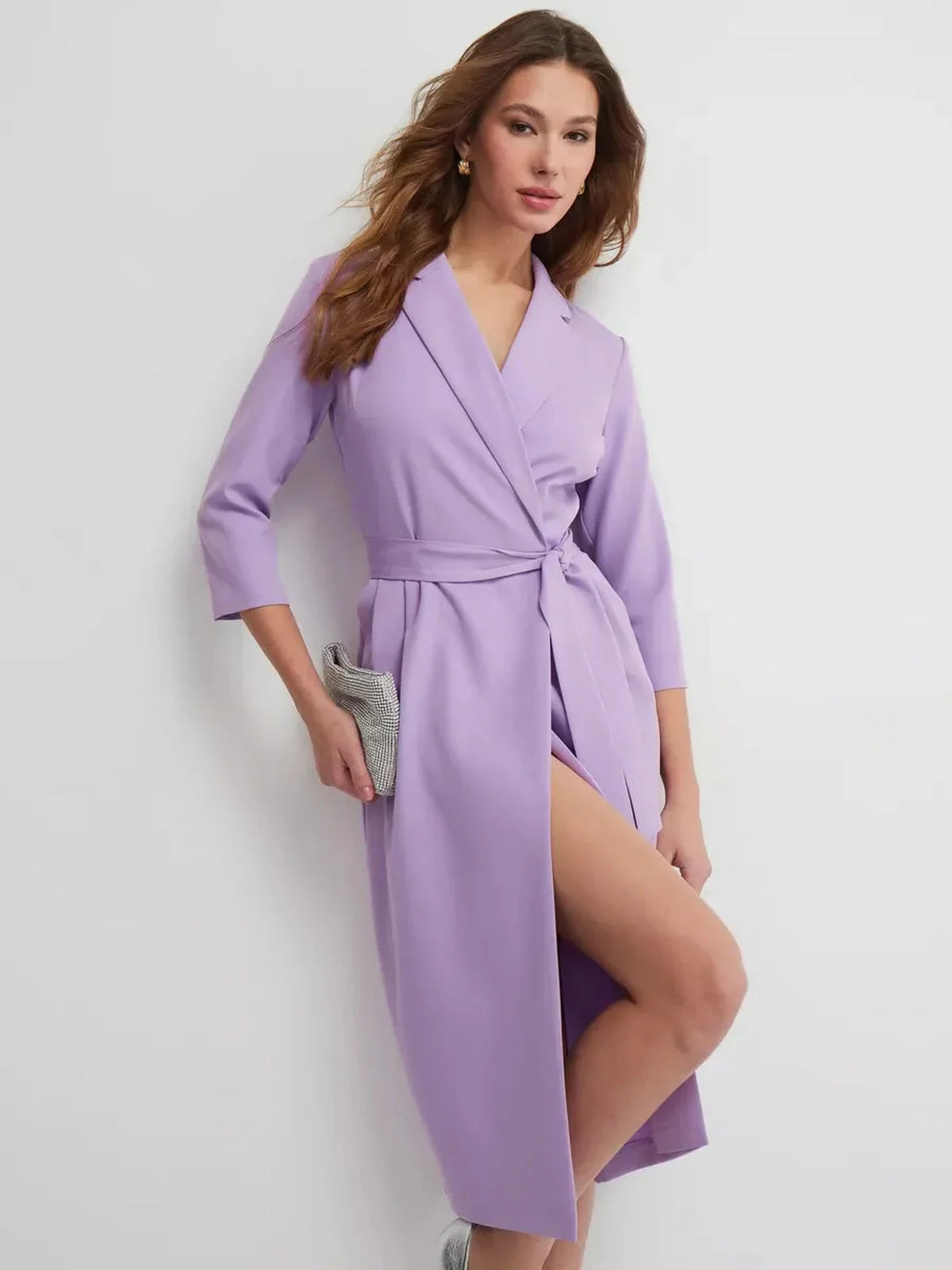Lilac Grace Midi Dress featuring a tailored wrap design and removable belt, perfect for formal and evening occasions.