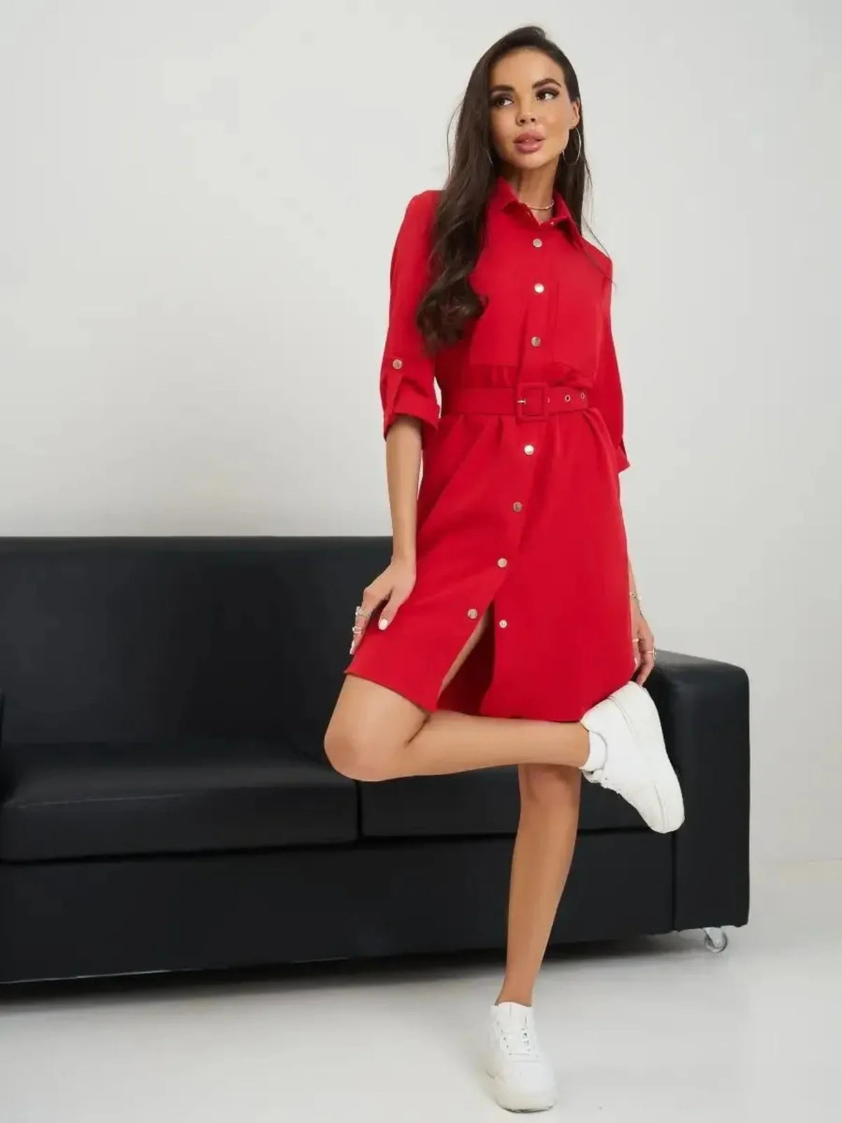 Scarlet belted mini dress showcased on a model, featuring a flattering silhouette and casual elegance.
