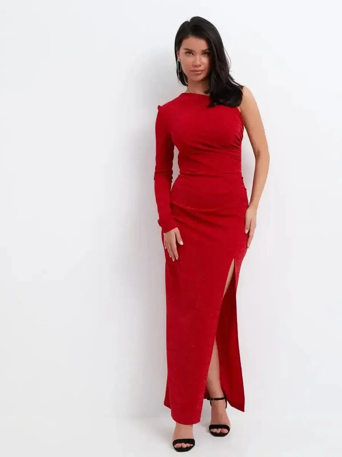 Red maxi dress with one-shoulder design and thigh-high slit, perfect for weddings and formal events.