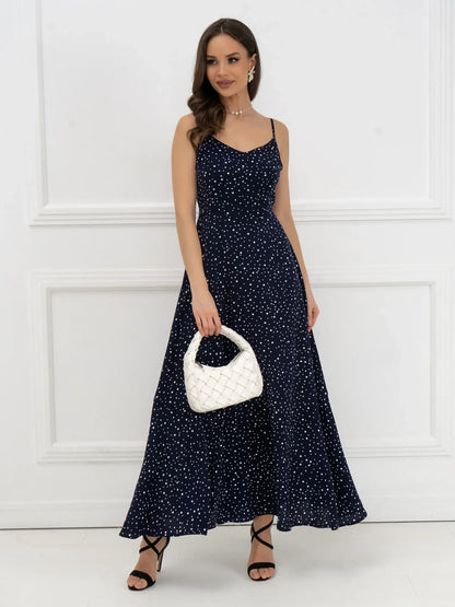 Noir Dots Maxi Dress featuring a flattering A-line silhouette, navy with white polka dots, perfect for summer weddings and formal events.