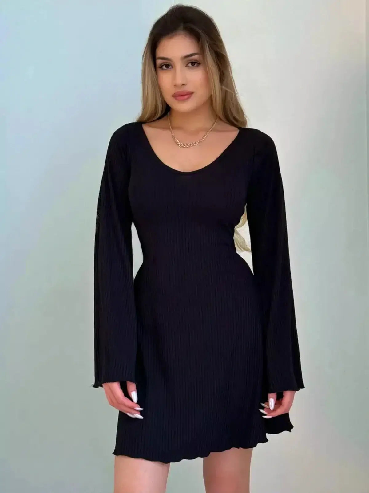 Black Sculpt Flare Midi Dress featuring bell sleeves and a U-neckline, perfect for summer weddings or formal events.