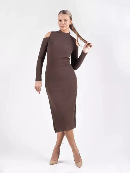 Midi Dress Élan in rich coffee hue featuring sleek silhouette and cut-out shoulders, perfect for weddings or formal events.