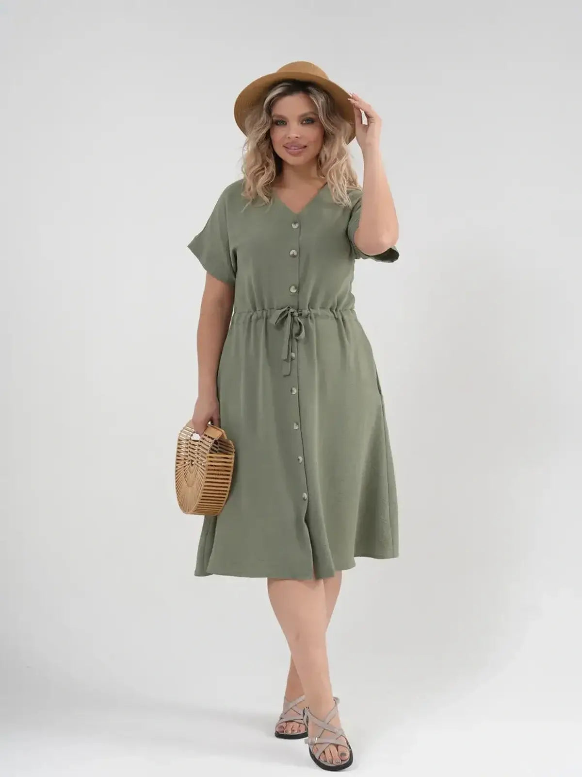 Botany Midi Dress in khaki, featuring a v-neck, cinched waist, and button details, perfect for summer casual elegance.
