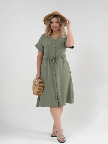 Botany Midi Dress in khaki, featuring a v-neck, cinched waist, and button details, perfect for summer casual elegance.