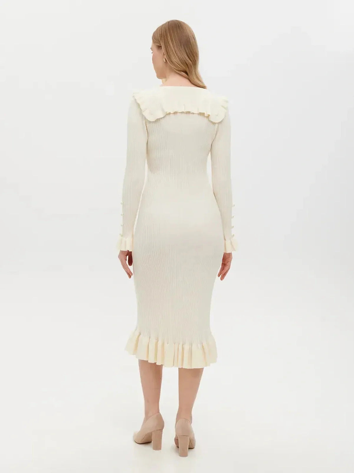 Elegant Pearl Ruffle Midi Dress with flounce collar and rib-knit design, ideal for special occasions and refined styling.
