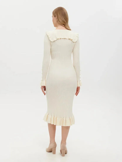 Elegant Pearl Ruffle Midi Dress with flounce collar and rib-knit design, ideal for special occasions and refined styling.
