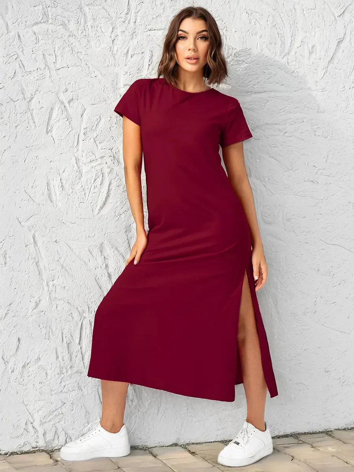 Essential Cotton Midi Dress in burgundy with side slit, perfect summer dress for casual or formal occasions.