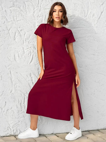 Essential Cotton Midi Dress in burgundy with side slit, perfect summer dress for casual or formal occasions.