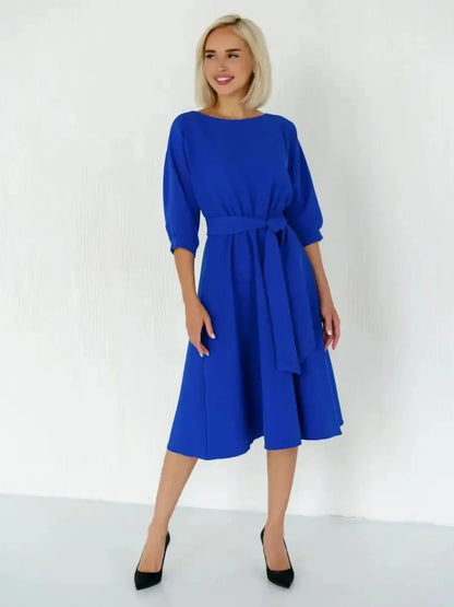 Sapphire Belted Midi Dress in vibrant blue, featuring a structured silhouette and waist-defining belt, perfect for various occasions.