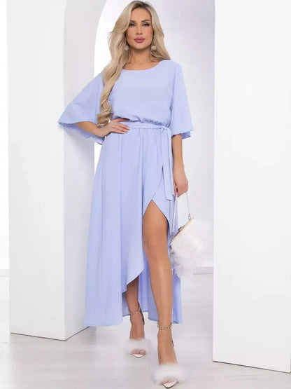 Elegant light blue midi dress with flowing sleeves and a stylish slit, perfect for summer events and formal occasions.