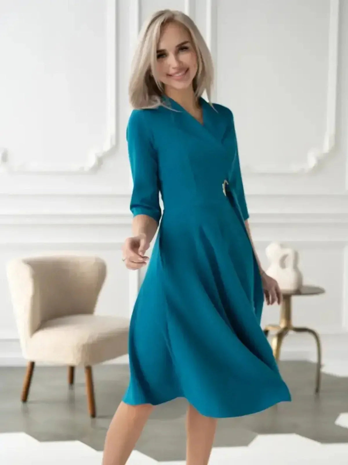 Sea Grace Midi Dress in sea wave teal, tailored wrap style perfect for weddings, proms, or summer events. Flattering A-line silhouette.