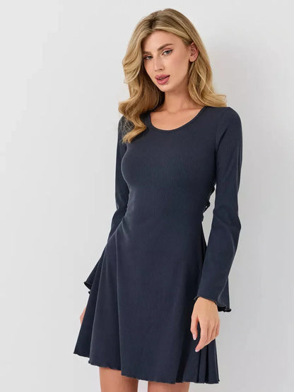 Graphite Grace mini dress in navy with long sleeves, perfect for summer weddings and casual outings.