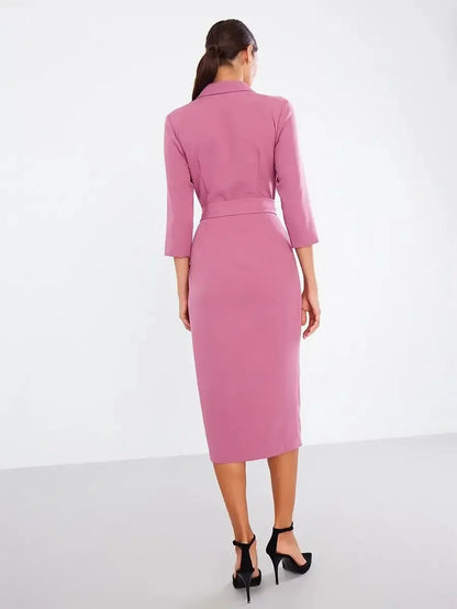 Back view of a blush wrap midi dress featuring a belted waist and three-quarter sleeves, perfect for formal occasions.