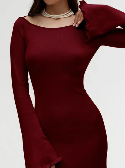Elegant burgundy ruffle-back midi dress with long sleeves, perfect for weddings and formal occasions.
