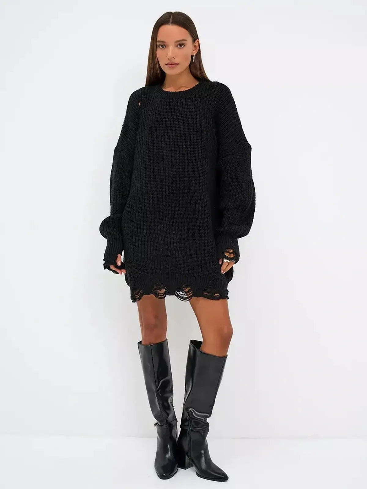 Oversized black Shadow Knit Mini dress with distressed texture, perfect for casual and formal occasions.