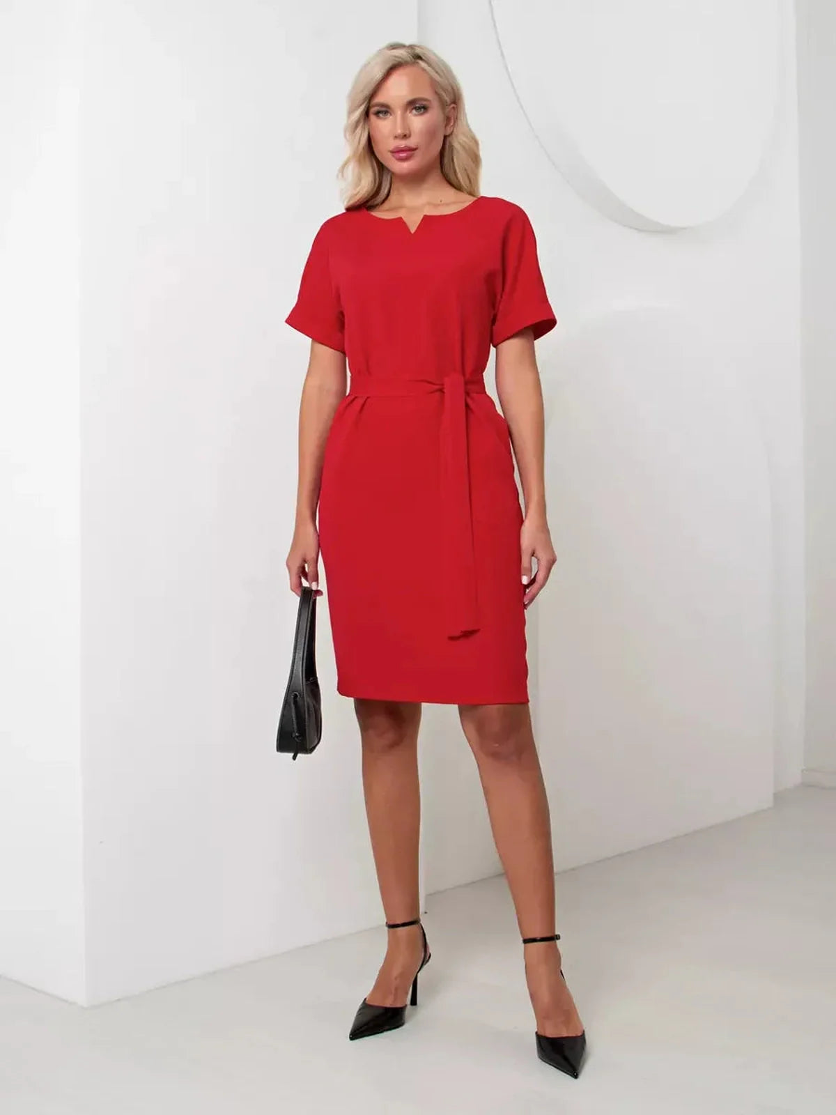 Elegant red mini dress with short sleeves and a cinched waist, perfect for summer weddings and formal events.