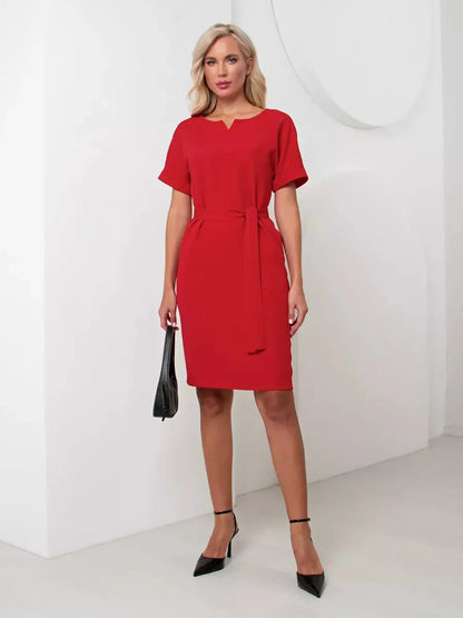 Elegant red mini dress with short sleeves and a cinched waist, perfect for summer weddings and formal events.